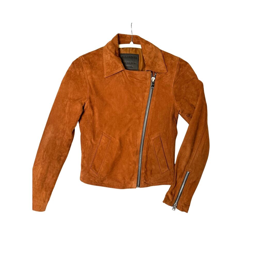 AllSaints Suede Moto Jacket Womens US 2 Brown Leather Zip Biker Coat